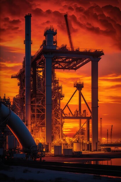 Ein Sonnenuntergang mit einer großen Industrieanlage im Vordergrund