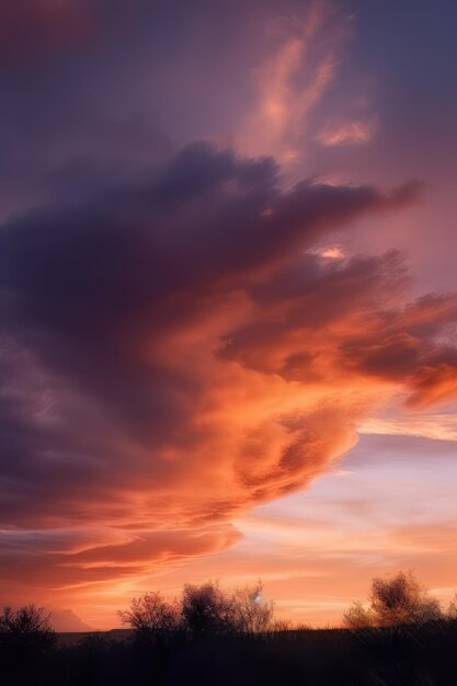 Ein Sonnenuntergang mit einer großen Wolke am Himmel über einem Feld