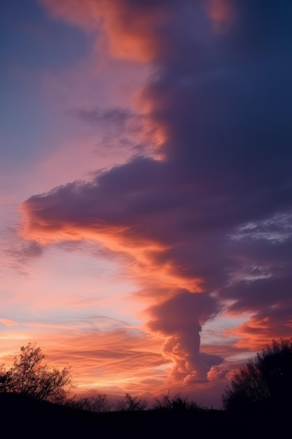 Ein Sonnenuntergang mit einer großen Wolke am Himmel über einem Feld