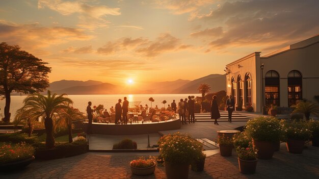 ein Sonnenuntergang mit einer Gruppe von Menschen, die um einen Brunnen und ein Gebäude mit einem Sonnenuntergänge im Hintergrund stehen