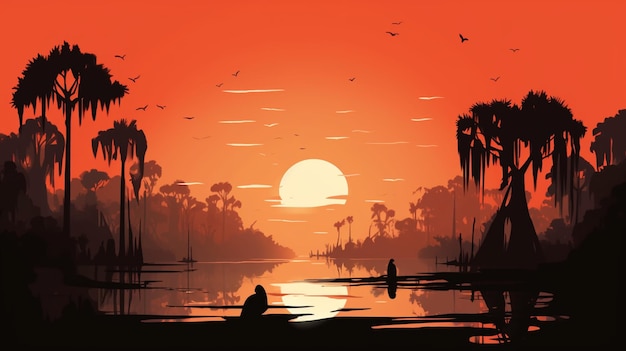 Ein Sonnenuntergang mit einer Palme im Vordergrund und einem Mann, der auf einem Boot im Hintergrund sitzt.