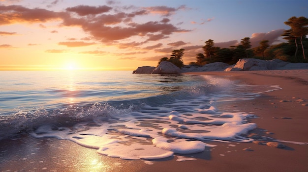 ein Sonnenuntergang mit einer Strandszene und dem Ozean im Hintergrund
