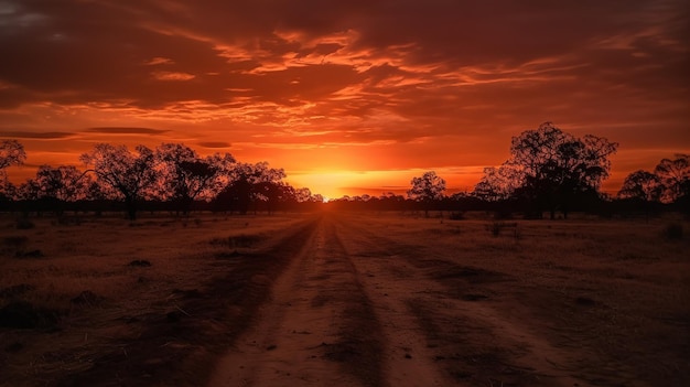 Ein Sonnenuntergang mit einer Straße im Vordergrund und einem roten Himmel mit der untergehenden Sonne dahinter.