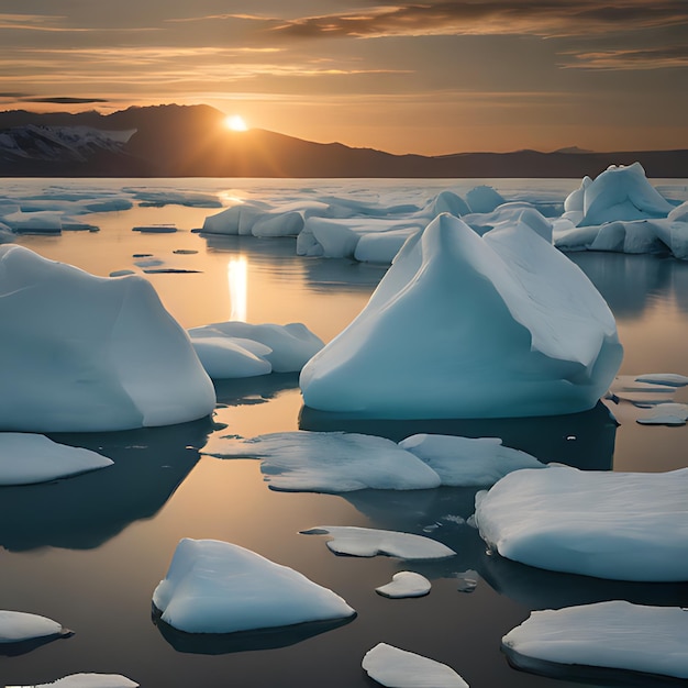 ein Sonnenuntergang mit Eisbergen und Bergen im Hintergrund