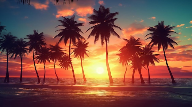 Ein Sonnenuntergang mit Palmen am Strand