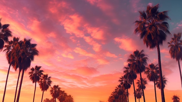 Ein Sonnenuntergang mit Palmen im Vordergrund und einem rosa Himmel mit Wolken.