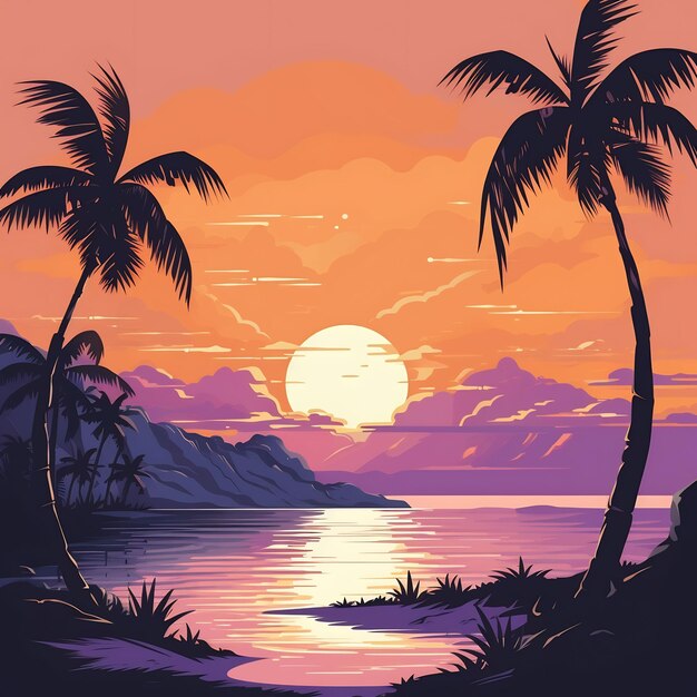 ein Sonnenuntergang mit Palmen und Bergen im Hintergrund