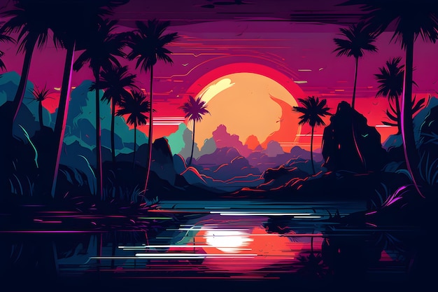 Ein Sonnenuntergang mit Palmen und Bergen im Hintergrund