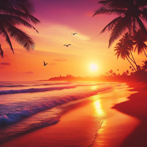 ein Sonnenuntergang mit Palmen und einem Strand und einem Sonnenuntergänge