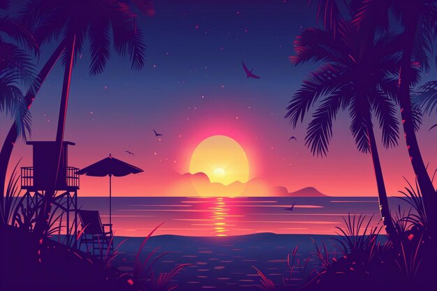 ein Sonnenuntergang mit Palmen und einem Strandstuhl
