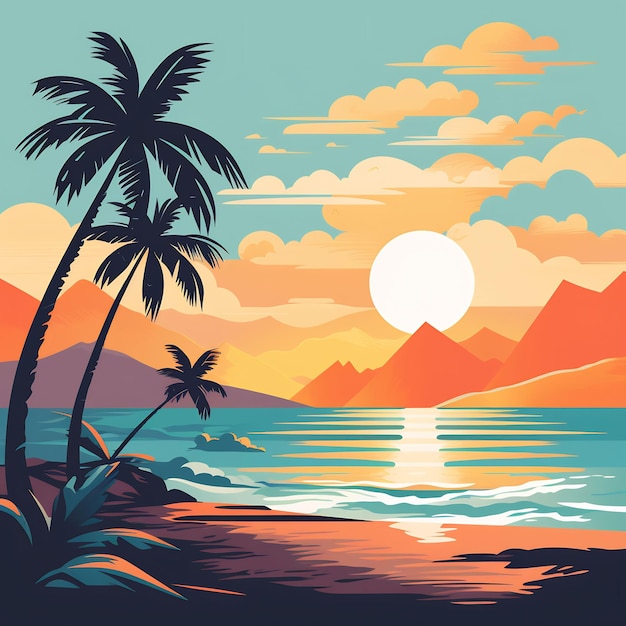 ein Sonnenuntergang mit Palmen und einer Sonne im Hintergrund
