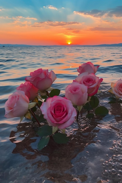 Ein Sonnenuntergang mit rosa Rosen, die im Wasser schwimmen