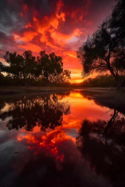 Ein Sonnenuntergang mit rotem Himmel und einer Spiegelung von Bäumen