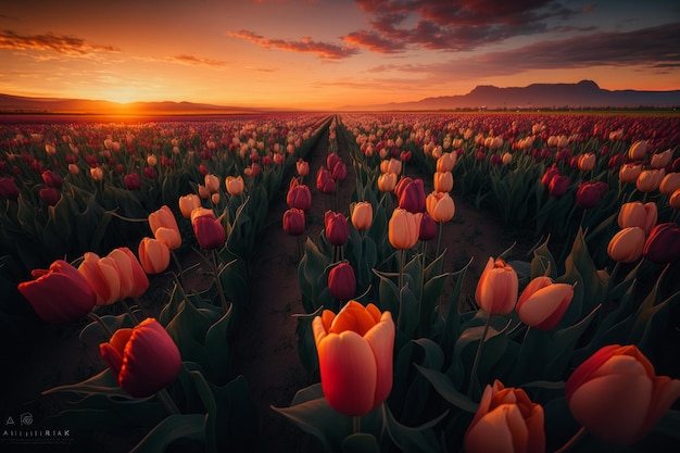 Ein Sonnenuntergang mit Tulpen im Vordergrund und einem Berg im Hintergrund.