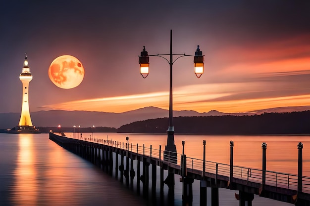 ein Sonnenuntergang mit Vollmond und einer Straßenlampe.