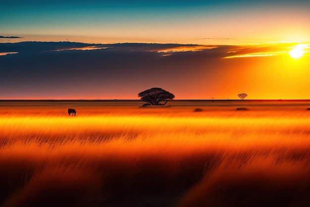 ein Sonnenuntergang mit zwei Elefanten und einem Baum in der Mitte des Feldes.