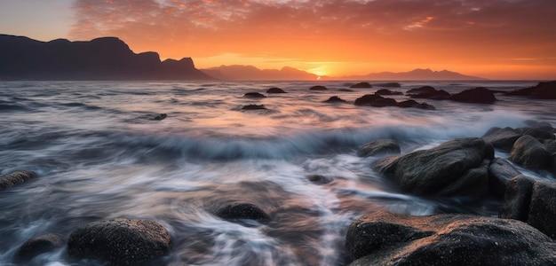 Ein Sonnenuntergang über dem Meer mit Bergen im Hintergrund