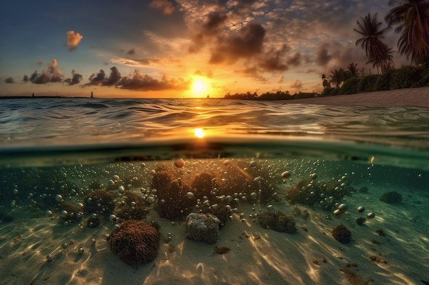 Ein Sonnenuntergang über dem Meer mit dem Wasser und der dahinter untergehenden Sonne