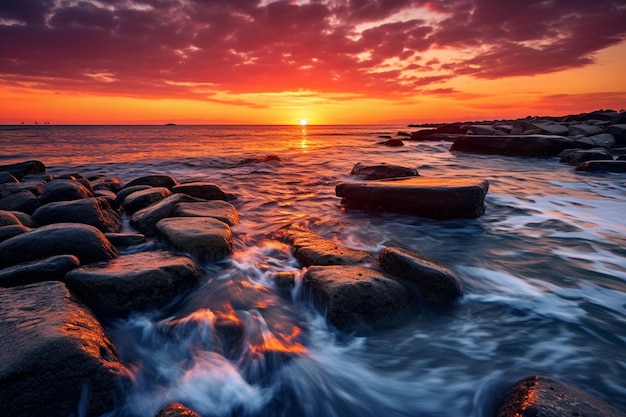 Ein Sonnenuntergang über dem Meer mit einem farbenfrohen Himmel und der dahinter untergehenden Sonne.