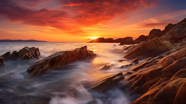 Ein Sonnenuntergang über dem Meer mit Felsen im Vordergrund