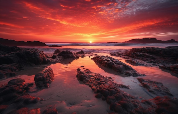 Ein Sonnenuntergang über dem Meer mit Felsen und dem Himmel ist rot.