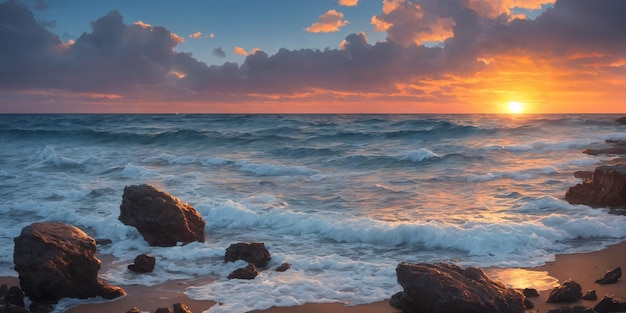 Ein Sonnenuntergang über dem Meer mit Wellen am Ufer und großen Steinen im Vordergrund und im Wasser Seascape-Illustration mit Sandstrand, bewölktem Himmel und untergehender Sonne Generative KI