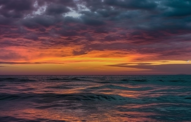 Ein Sonnenuntergang über dem Ozean mit einem bunten Himmel und Wolken