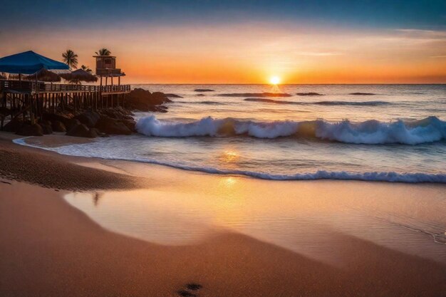 ein Sonnenuntergang über dem Ozean mit einem Pier und einem Pier im Hintergrund