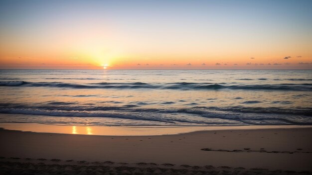 Foto ein sonnenuntergang über dem ozean mit einem strand und einer strandszene.