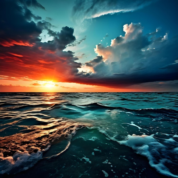 ein Sonnenuntergang über dem Ozean und der Himmel ist rot und blau