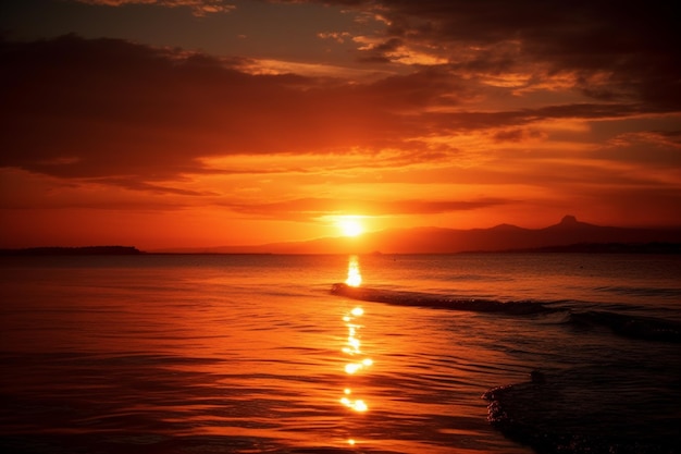 Ein Sonnenuntergang über dem Wasser mit einem Berg im Hintergrund