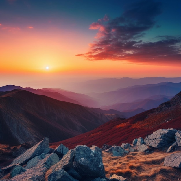 Ein Sonnenuntergang über den Bergen, während die Sonne am Horizont untergeht.