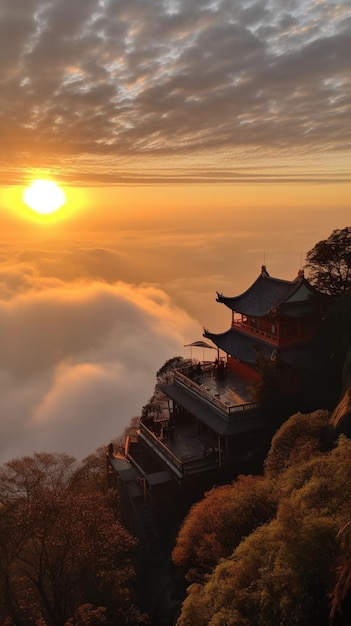 Ein Sonnenuntergang über den Wolken mit einem Tempel im Vordergrund