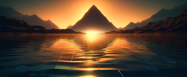 Foto ein sonnenuntergang über einem berg mit einem goldenen sonnenuntergang im hintergrund.