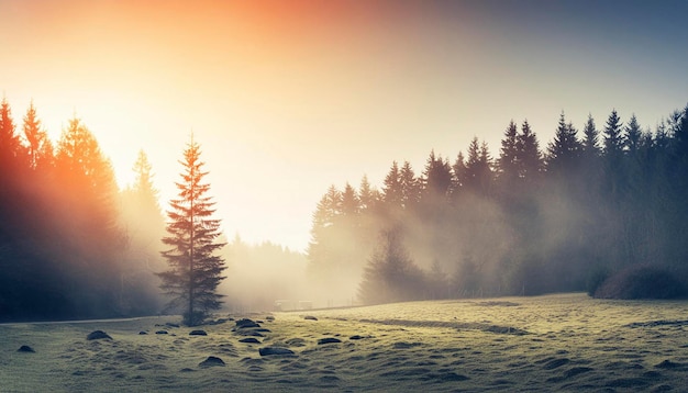 Foto ein sonnenuntergang über einem bergwald