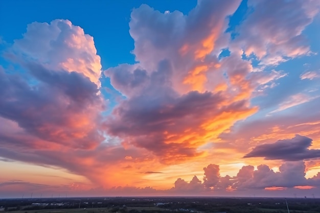 Ein Sonnenuntergang über einem Feld mit Wolken und blauem Himmel