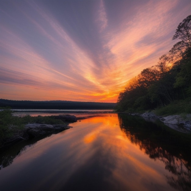 ein Sonnenuntergang über einem Fluss mit Bäumen und einem Berg im Hintergrund.