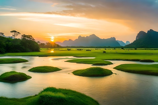 Ein Sonnenuntergang über einem Fluss mit Bergen im Hintergrund