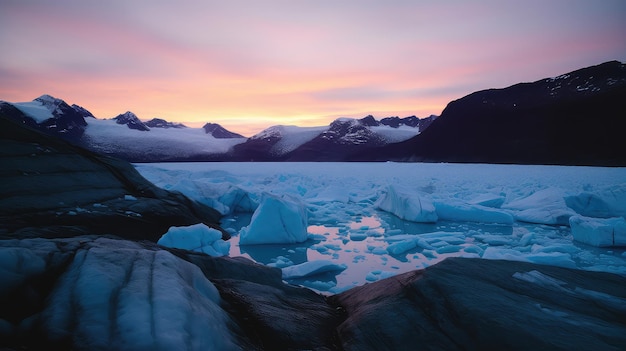 Ein Sonnenuntergang über einem Gletscher mit Bergen im Hintergrund.