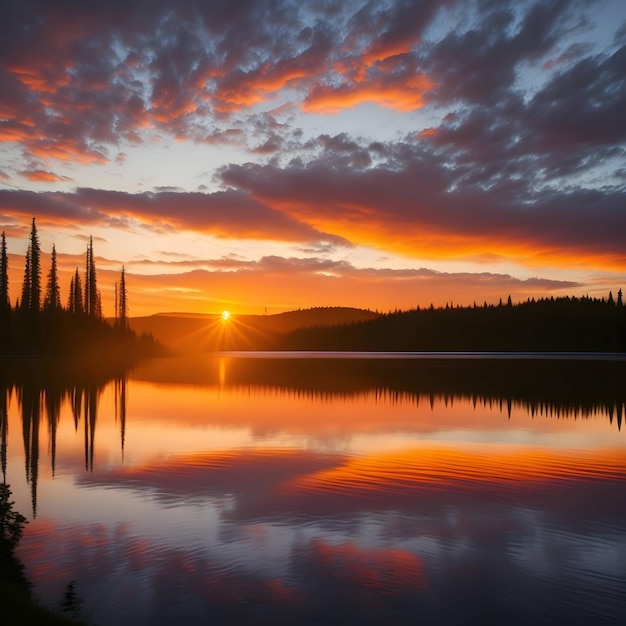 Ein Sonnenuntergang über einem See mit Bäumen und einem Himmel mit Wolken