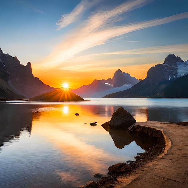 Ein Sonnenuntergang über einem See mit Bergen im Hintergrund und ein Sonnenuntergang mit der untergehenden Sonne dahinter.