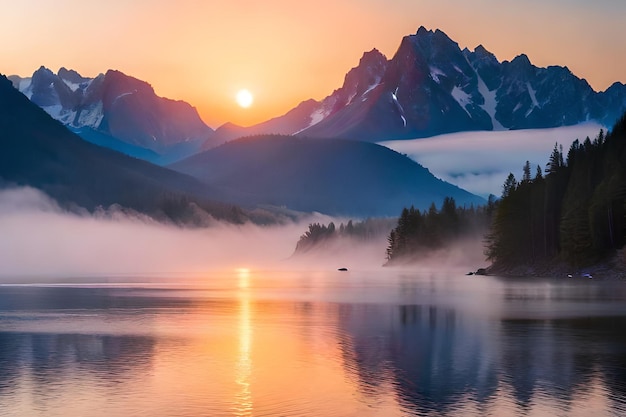 Ein Sonnenuntergang über einem See mit Bergen im Hintergrund