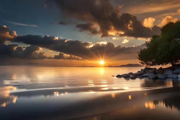 Ein Sonnenuntergang über einem See mit bewölktem Himmel und der Sonne, die durch die Wolken scheint.