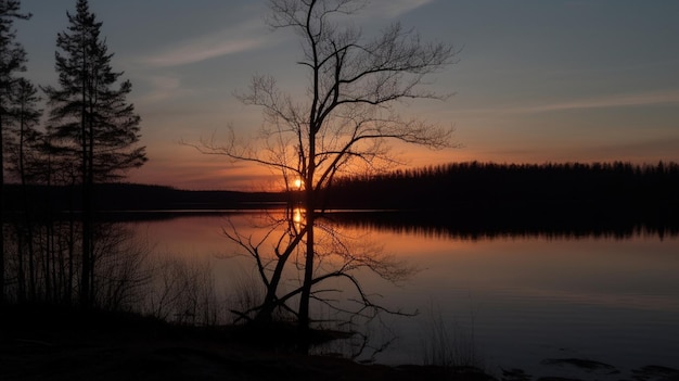 Ein Sonnenuntergang über einem See mit einem Baum im Vordergrund und der untergehenden Sonne dahinter.