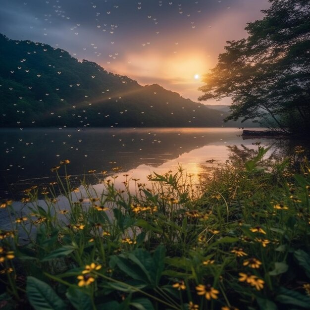 Foto ein sonnenuntergang über einem see mit einem berg im hintergrund.