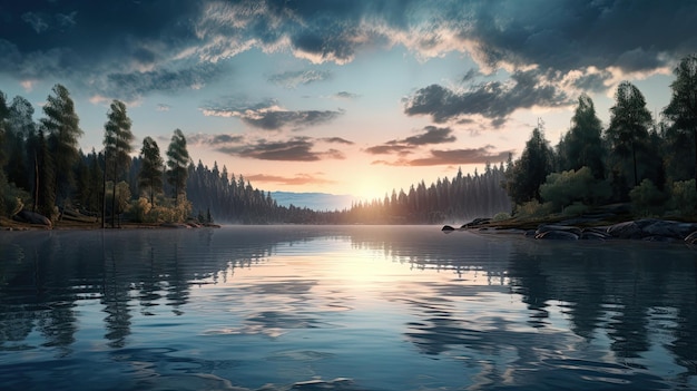 ein Sonnenuntergang über einem See mit einem Berg und Bäumen im Hintergrund.