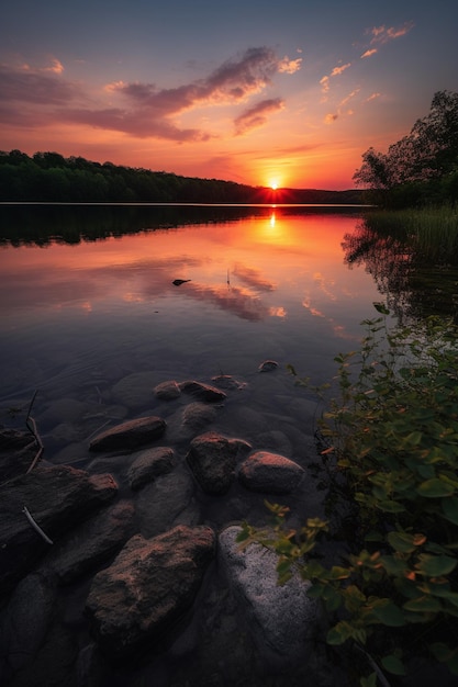 Ein Sonnenuntergang über einem See mit einem Felsen im Wasser und einem orangefarbenen Himmel.