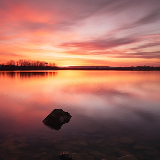 Ein Sonnenuntergang über einem See mit einem Felsen in der Mitte.