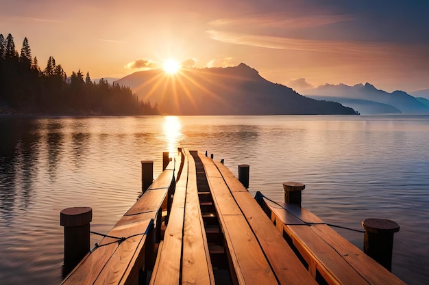 Ein Sonnenuntergang über einem See mit einem Holzsteg und Bergen im Hintergrund