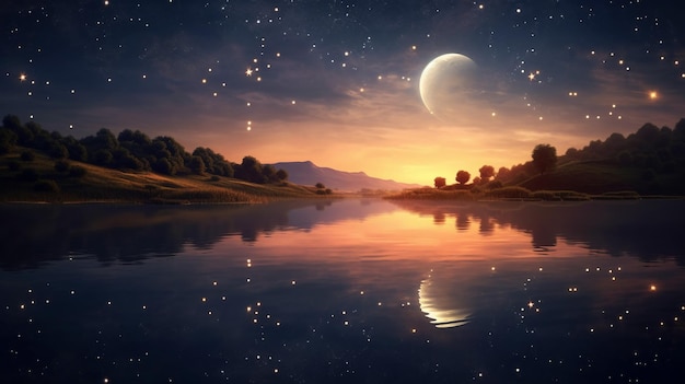 Ein Sonnenuntergang über einem See mit Mond und Sternen